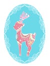 Cute gentle coloring cartoon deer with boho pattern in frame. Native illustration. The object is separate from the background. Ve